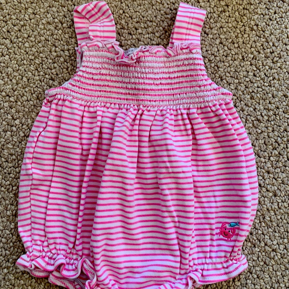 Kissy Kissy smocked bubble romper with fish detail